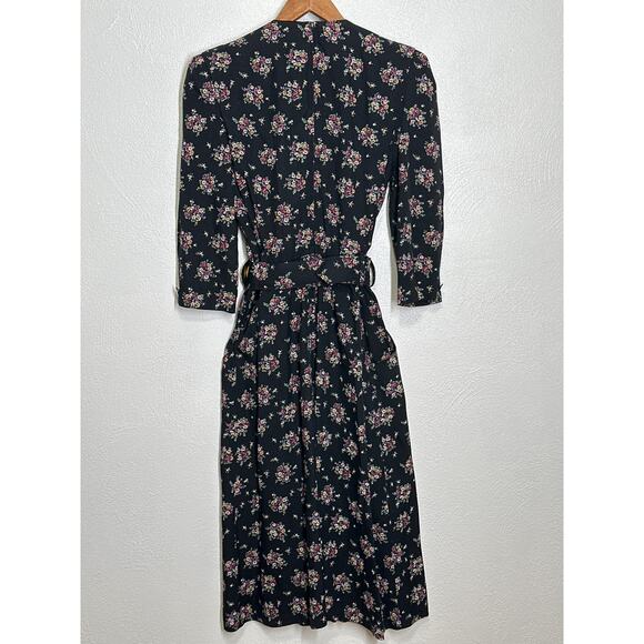 VTG SL Petites 80s Prairie Dress 8 Black Cream Floral Lace Coquette Cottagecore - Picture 9 of 16